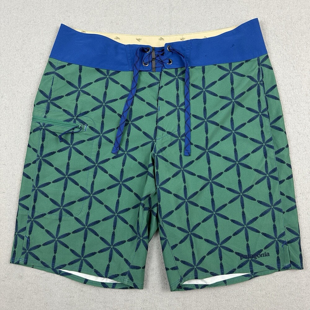 Patagonia Shorts Men 30 Green Blue Geometric Boardshorts Tie String Zip Pocket